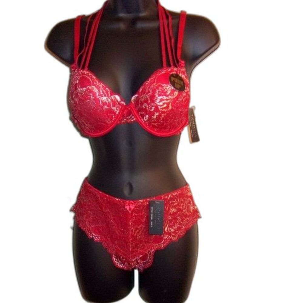 Youmita 36B Chili Pepper Metallic Lace Strappy Bra & Medium Lace Hipster NWT